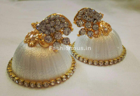 White Stone Half Floral With Leaf Silk Thread Jhumkas-STJH-005