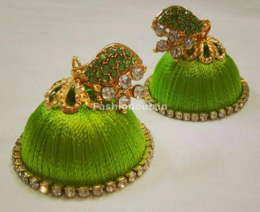 White Stone Half Floral With Light Green Stone Studded Leaf Silk Thread Jhumkas-STJH-007