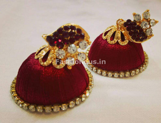 White Stone Half Floral With Maroon Stone Studded Leaf Silk Thread Jhumkas-STJH-002
