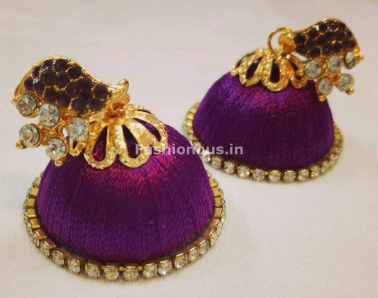 White Stone Half Floral With Purple Stone Studded Leaf Silk Thread Jhumkas-STJH-006