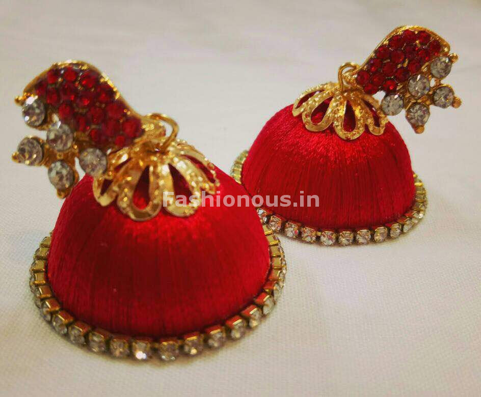 White Stone Half Floral With Red Stone Studded Leaf Silk Thread Jhumkas-STJH-003