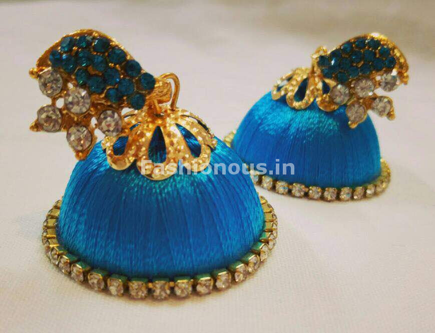 White Stone Half Floral With Sky Blue Stone Studded Leaf Silk Thread Jhumkas-STJH-011