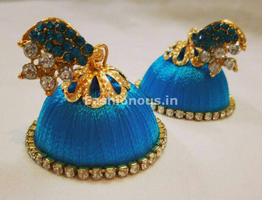 White Stone Half Floral With Sky Blue Stone Studded Leaf Silk Thread Jhumkas-STJH-011