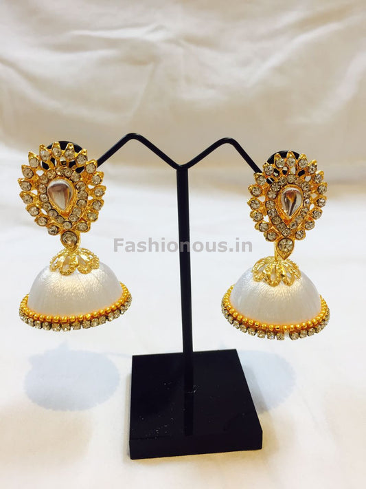 White Stone Studded Droplet Silk Thread Jhumkas-STJH-016