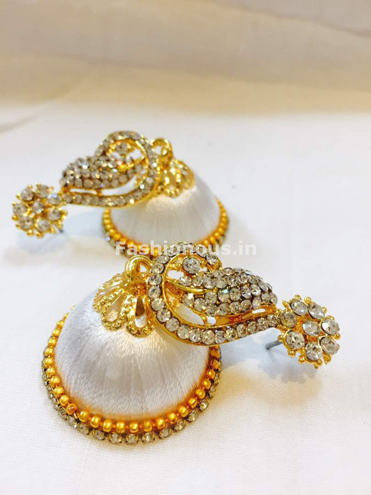 White Stone Studded Peacock Neck Floral Silk Thread Jhumkas-STJH-047
