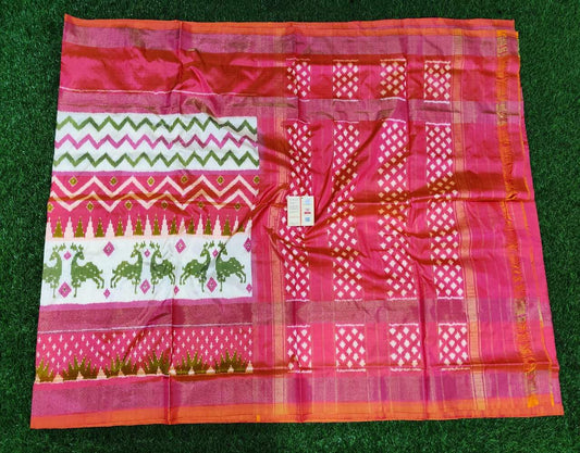 White and Pink with Deer border Ikkat Silk Saree