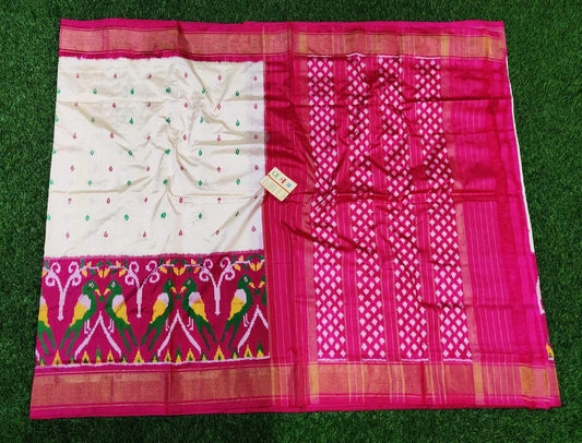 White and Pink with Parrot border Ikkat Silk Saree