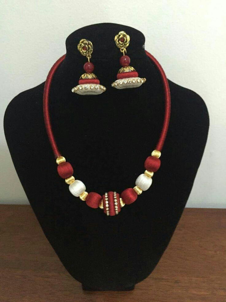 White and Red Silk Thread Jewellery Set