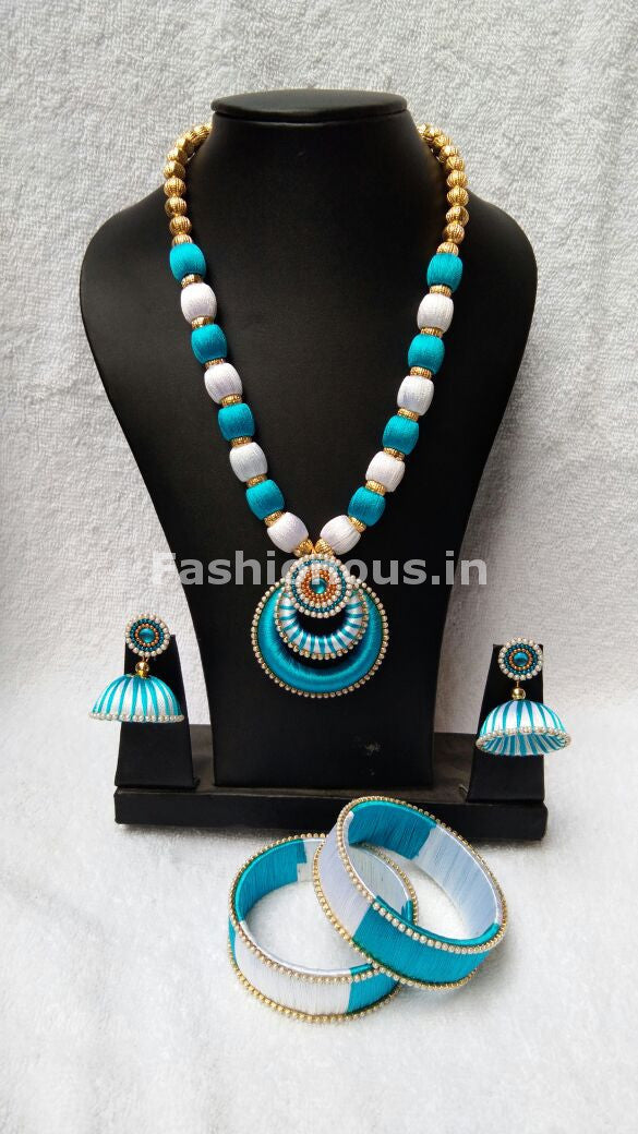 White and Sky Blue Chandbali Pendant Silk Thread Jewellery Set-STJS-014