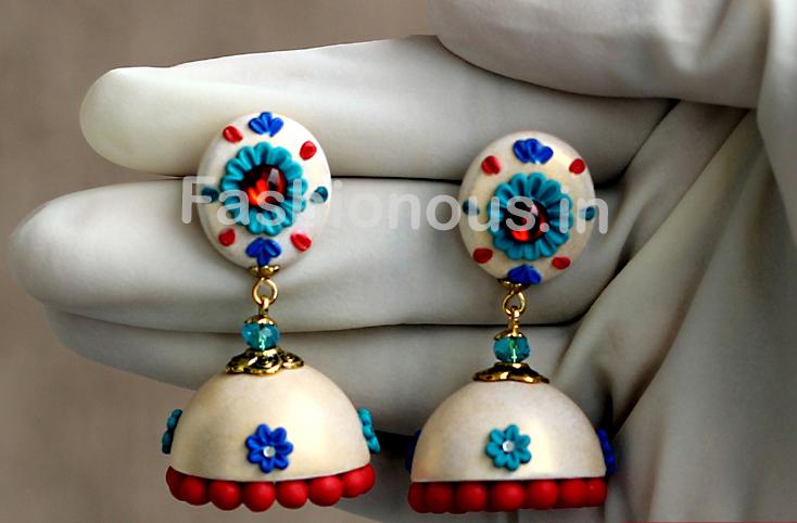 White with Blue Floral Jhumka-ZAPCJH-005