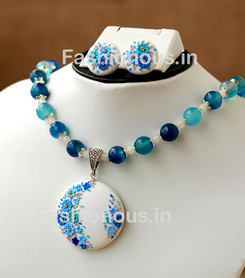 White with Blue Floral Pendant with Semi Precious Beads and Earrings-ZAPCNS-053