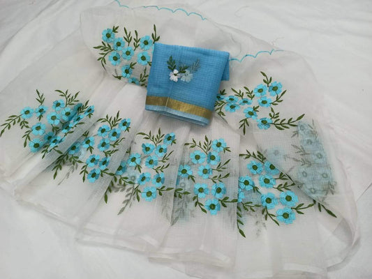 White with Blue Kota Doria Saree