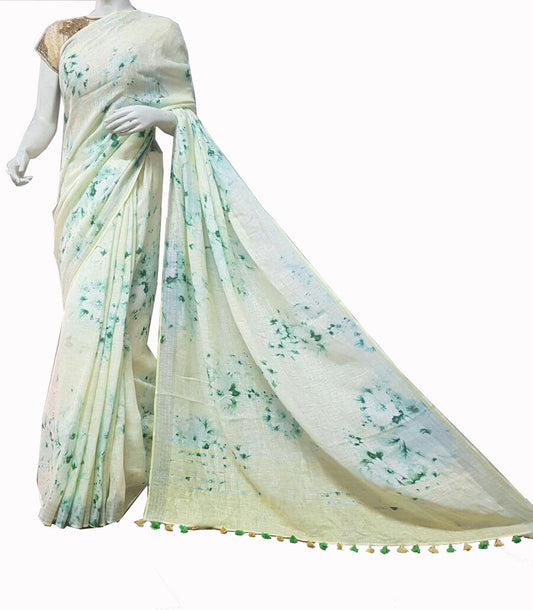 White with Floral Printed Linen Saree