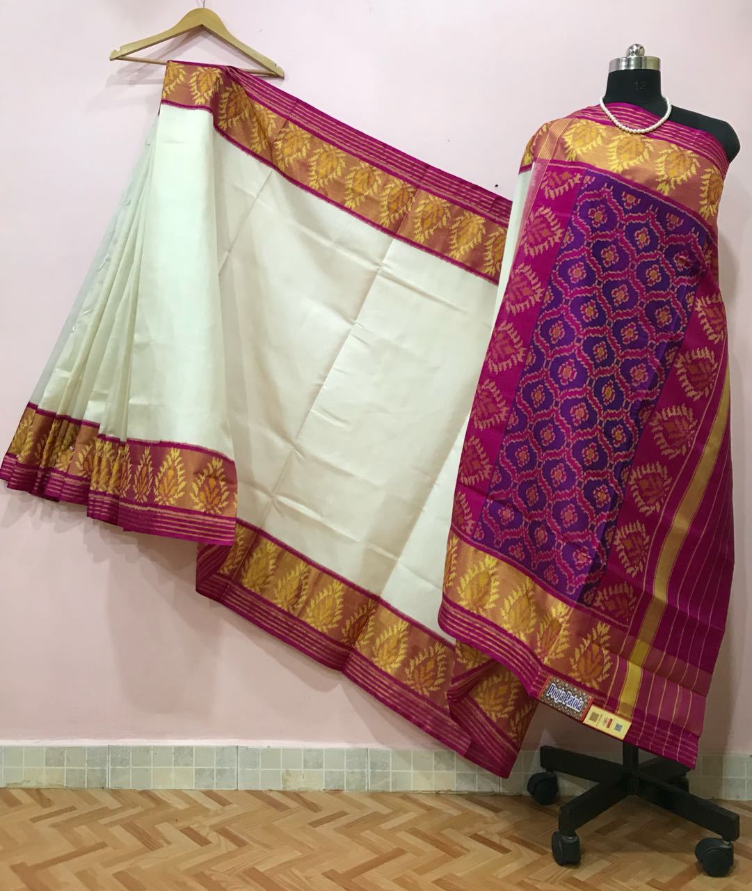 White with Golden Floral Designed Border Patola Silk Saree-PPSRE-036