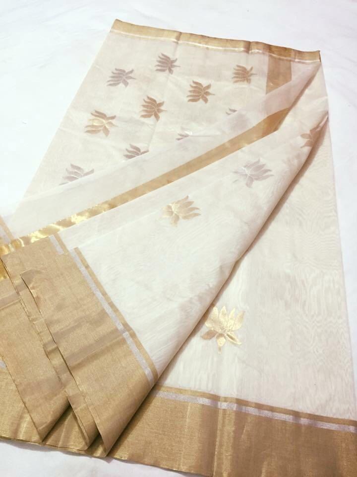White with Golden and Silver Lotus Designed Chanderi Silk Saree-CHANSRE-041