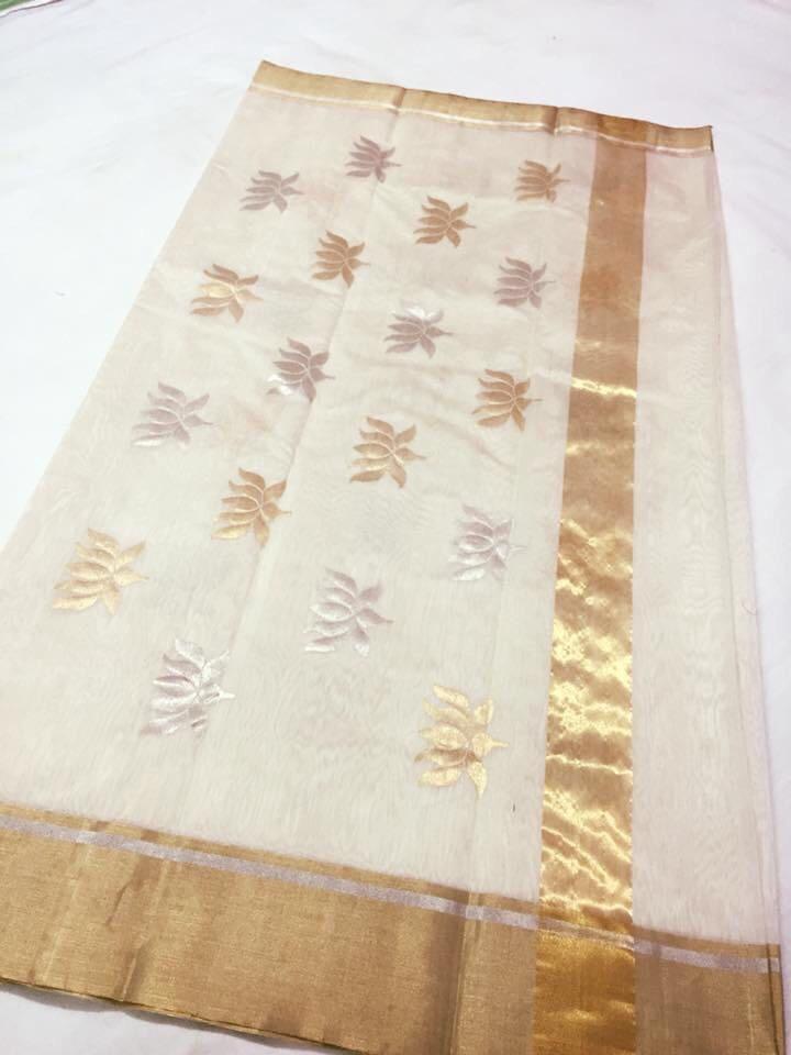 White with Golden and Silver Lotus Designed Chanderi Silk Saree