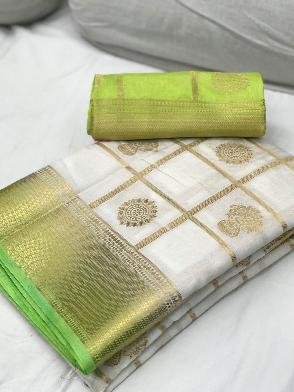 White with Light Green Border Banarasi Silk Saree-SRE-1105 white coloured festival saree