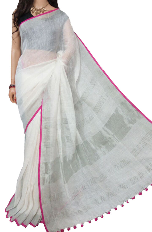 White with Pink Border Linen Saree