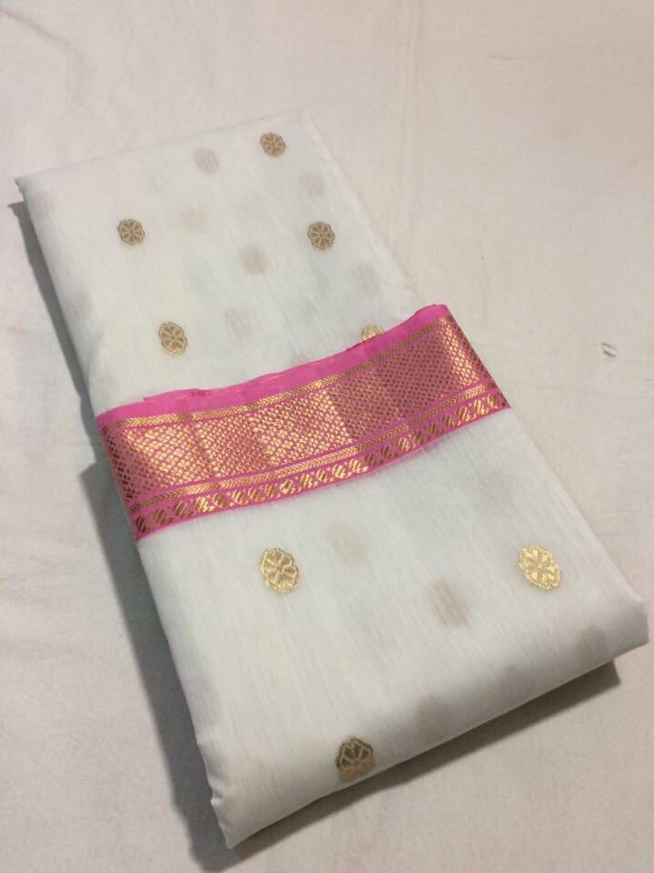 White with Pink Zari Border Chanderi Silk Saree-CHANSRE-012