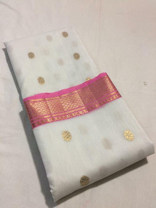 White with Pink Zari Border Chanderi Silk Saree-CHANSRE-012