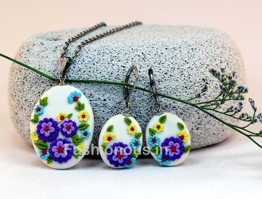 White with Purple Floral Embroidery Necklace and Earrings-ZAPCNS-016