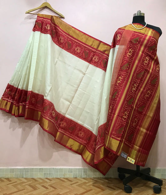 White with Red Elephant Designed Border Patola Silk Saree-PPSRE-040