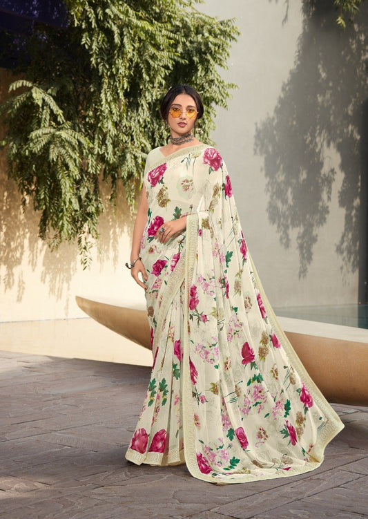 White with Red Rose Chiffon Saree