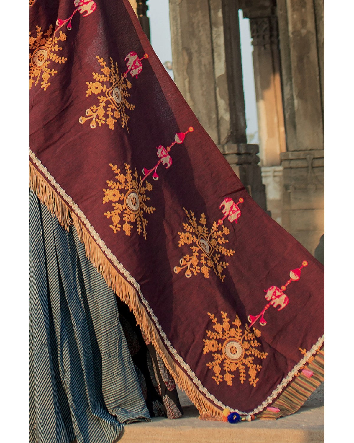 Wine with Floral Bunch Embroidered panel Khadi Lining dupatta - KHDPT009