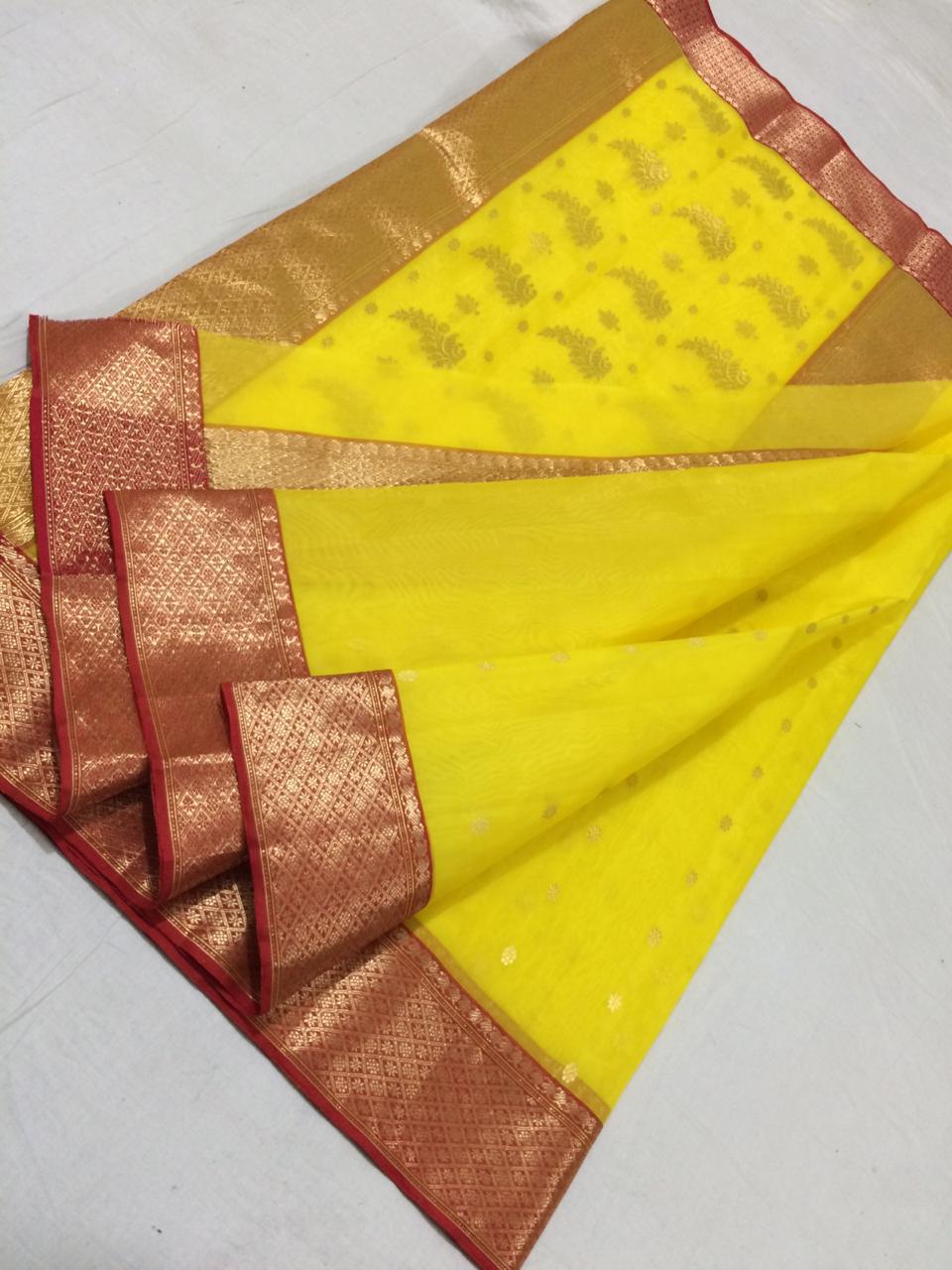 Yellow Chanderi Silk Saree With Golden Red Border- CSH049