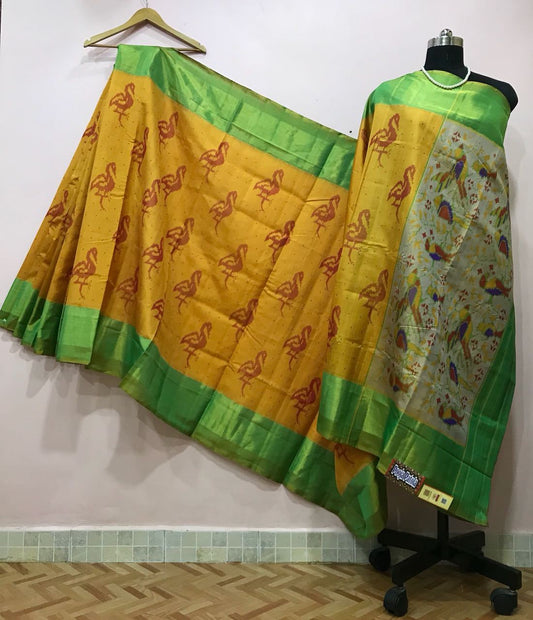 Yellow Bird Designed with Green Border Patola Silk Saree-PPSRE-063