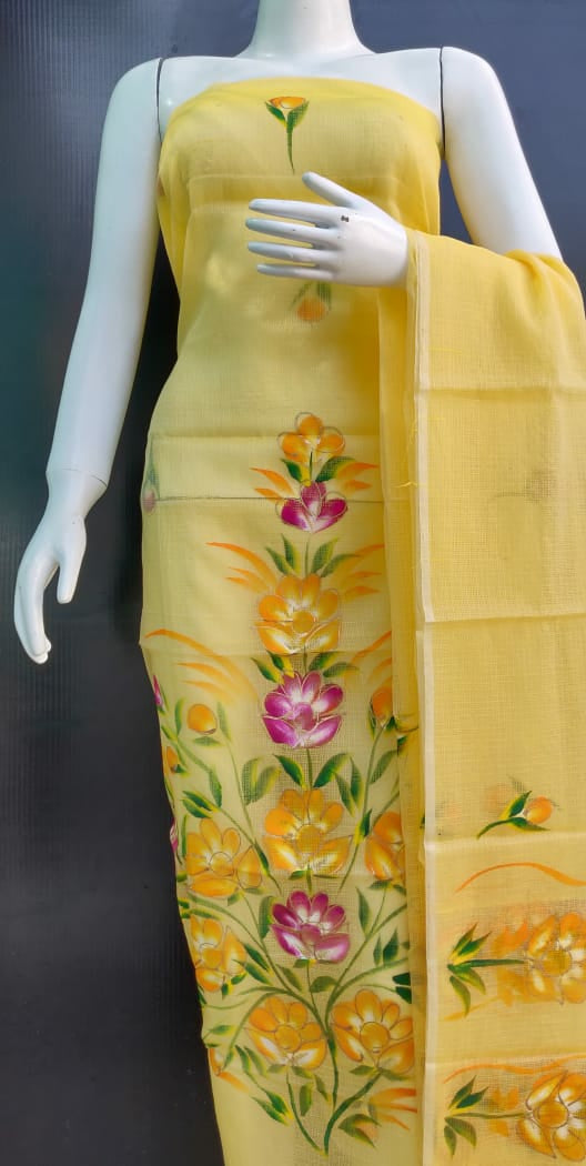 Yellow Floral Brush Printed Kota Dress Material