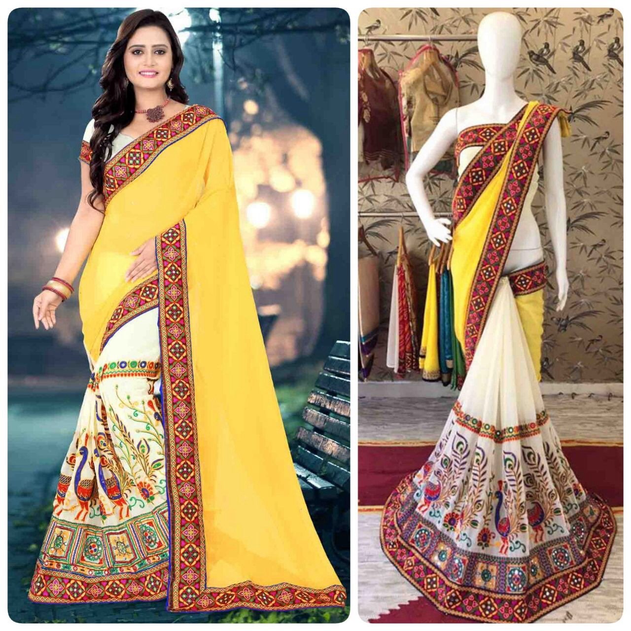 Yellow Chain Stitched Embroidery Georgette Saree-SRE-1134