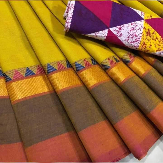 Yellow Chettinad Saree With Rust Brown Border-CS601