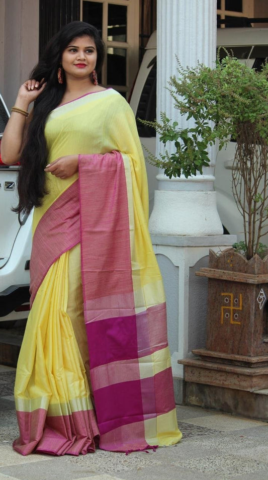 Yellow Daffodil Linen Saree with Pink Border-LN201