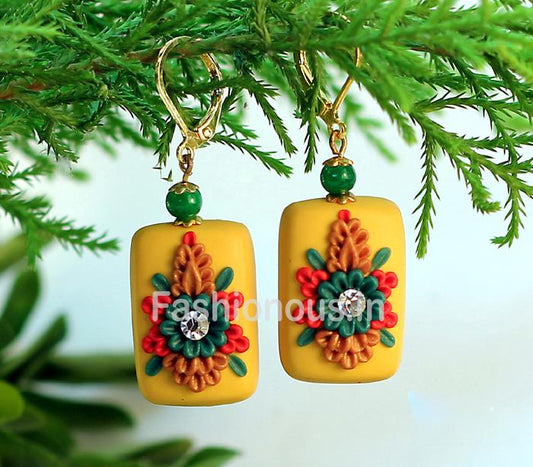 Yellow Floral Rectangular Polymer Clay Earrings-ZAPCJH-052