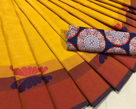 Yellow Cotton Saree with Butterfly Motif