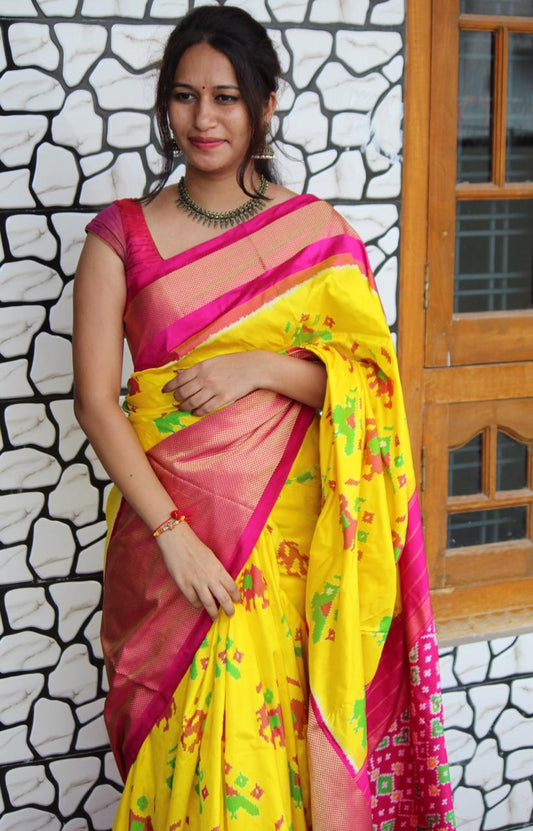 Yellow Ikkat Silk Saree