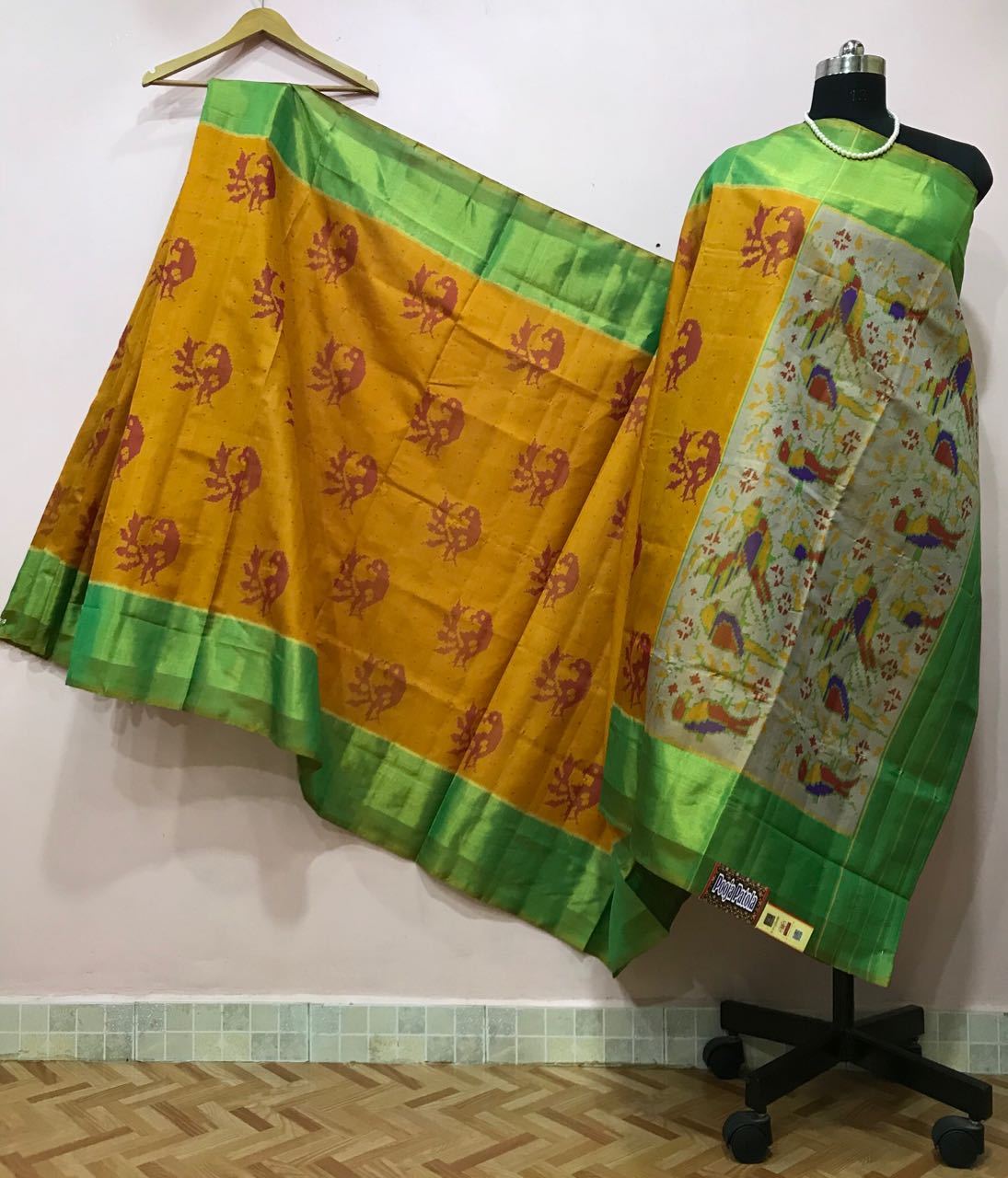 Yellow Peacock Designed with Green Border Patola Silk Saree-PPSRE-067