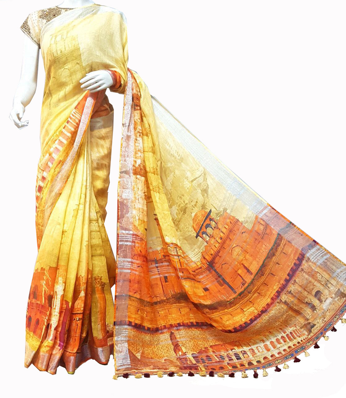 Yellow Printed Linen Saree