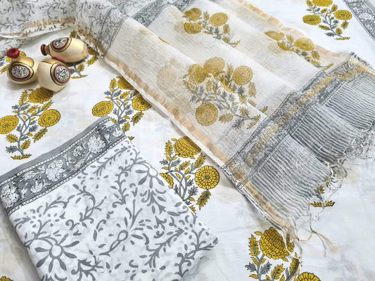 Yellow Printed White Handblock Unstitched Pure Cotton Suit