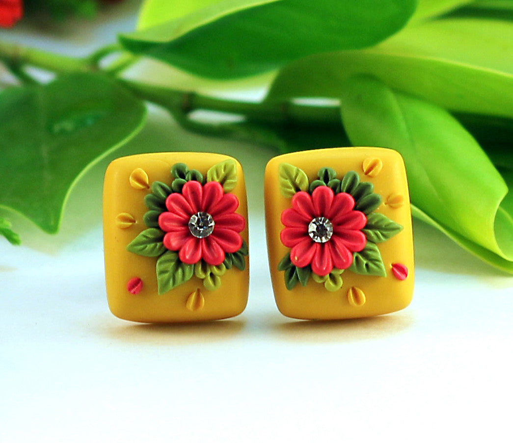 Yellow Red Floral Embroidery Polymer Clay Stud