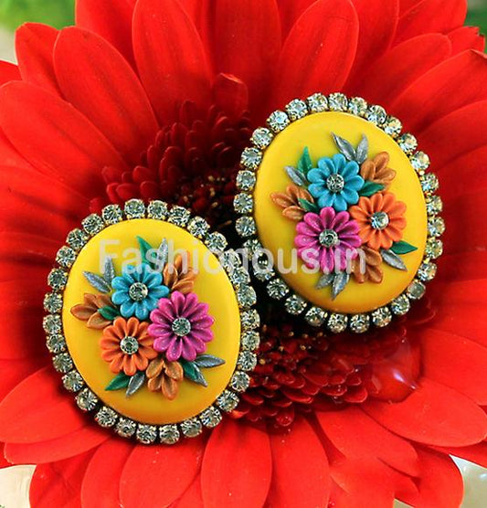 Yellow Rhinestone Floral Polymer Clay Studs-ZAPCJH-056