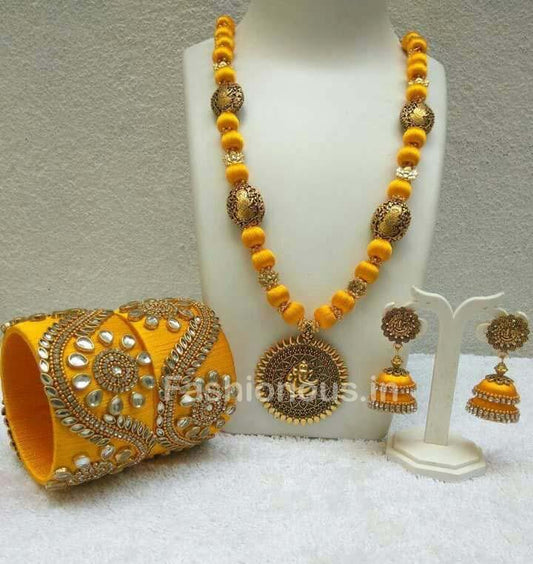 Yellow Silk Balls with Ganesh Antique Pendant Silk Thread Jewellery Set-STJS-052
