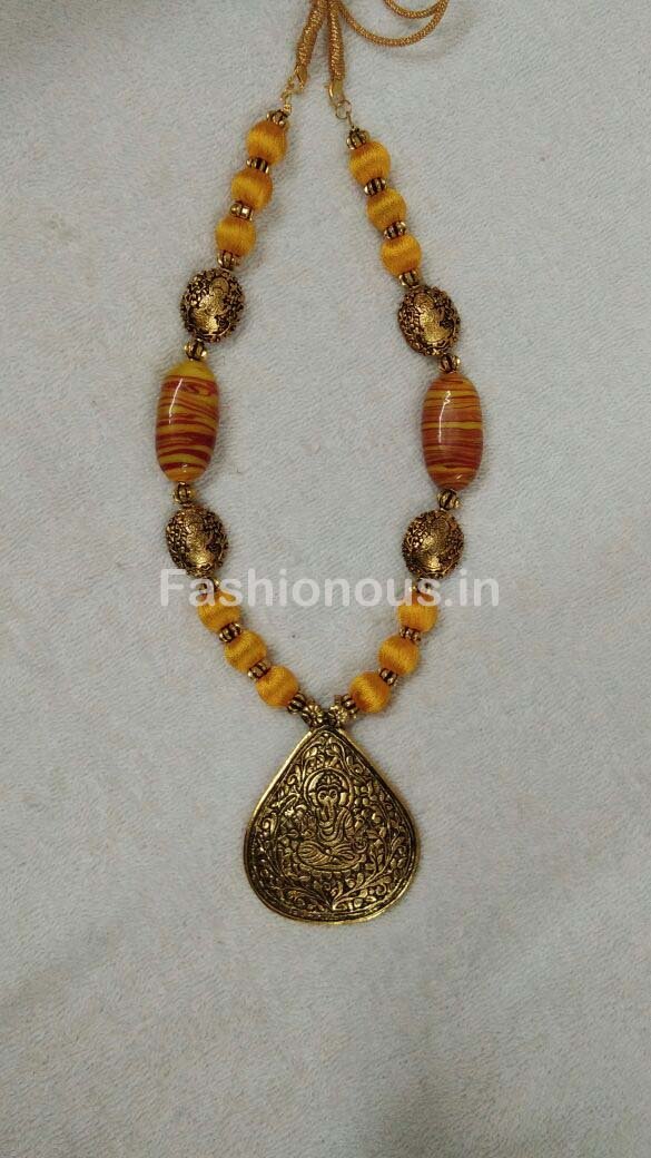 Yellow Silk Thread Beads with Golden Ganesh Oxidised Pendant-OXDJSW-025