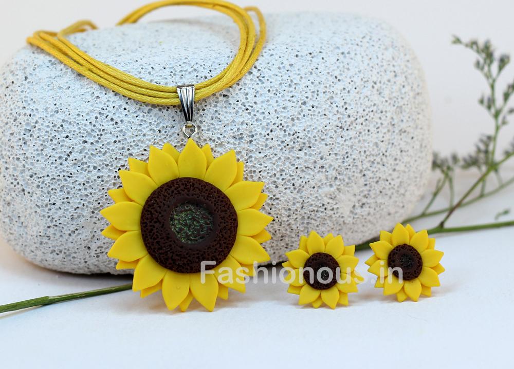 Yellow Sunflower Necklace and Earrings-ZAPCNS-007
