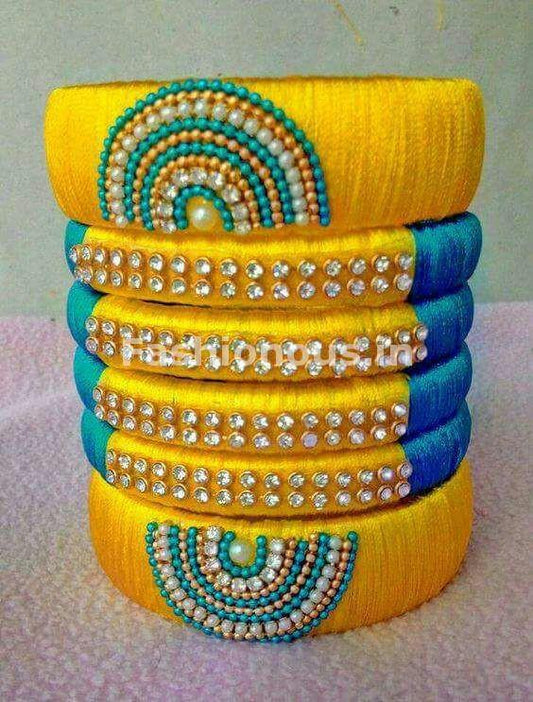 Yellow and Blue Silk Thread Bangle Set-STBS-013