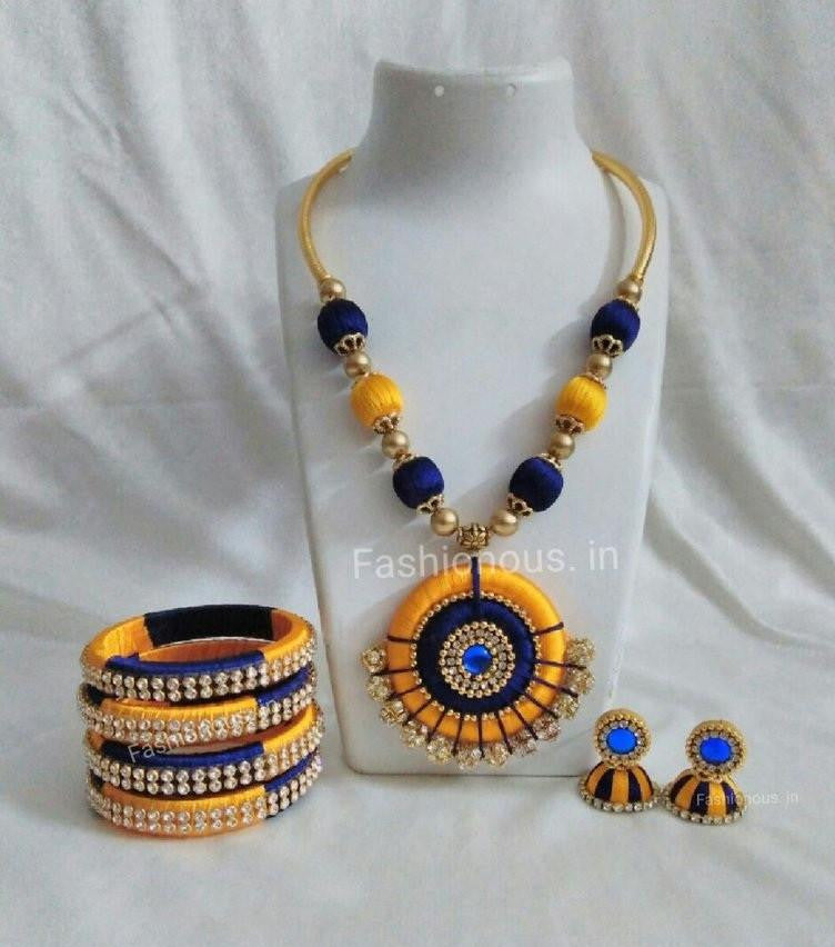 Yellow and Blue Silk Thread Jewellery Set