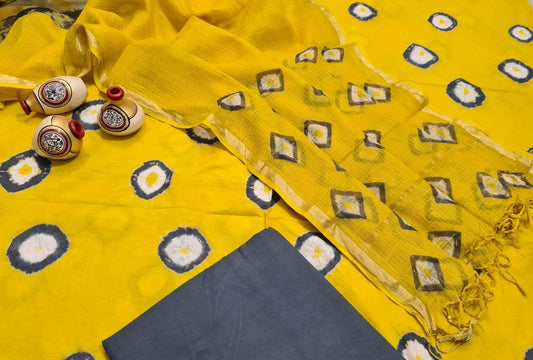 Yellow and Blue dotted Handblock Unstitched Printed Cotton Suit