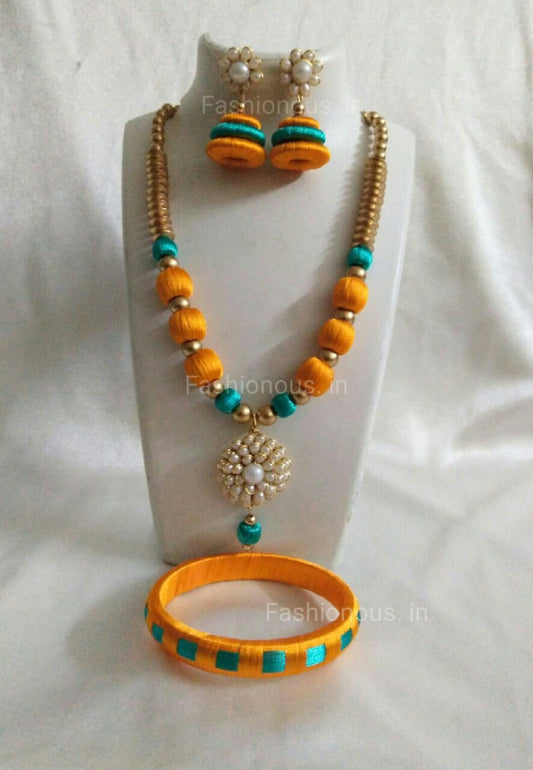 Yellow and Green Silk Thread Jewellery Set