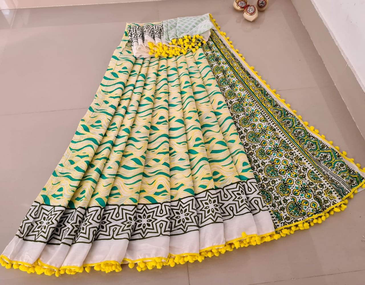 Yellow and Green Printed Jaipuri Cotton Saree